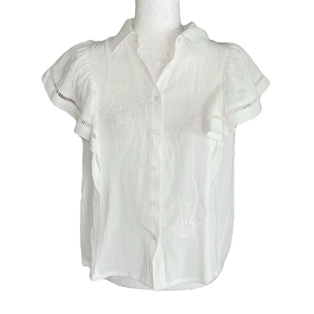 NWT Calypso St. Barth White Embroidered Seashell Flutter Ruffle Sleeve Blouse  S